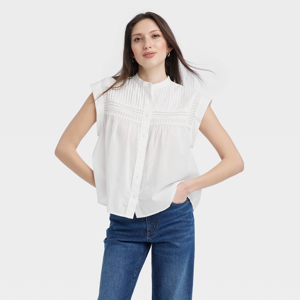 Short Sleeve Pintuck Blouse - White M
